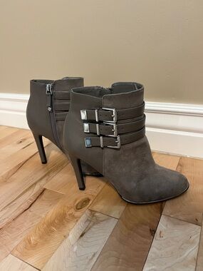 Sam & Libby Gray Suede and Leather Ankle Booties with Triple Buckles